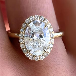 Oval Lab Grown Diamond Engagement Ring: Yellow Gold Halo, IGI Certified