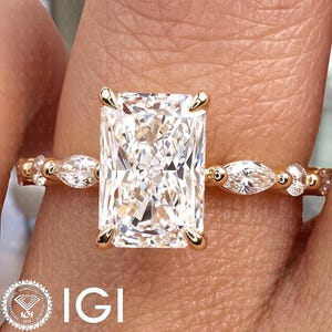 Radiant Cut Engagement Ring Claw Prong Lab Grown Diamond Marquise And Round Band 14K Gold IGI Certified Bridal Jewelry