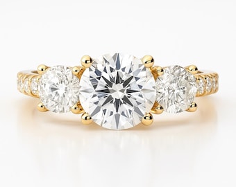 Lab Grown Diamond Three Stone Ring: Yellow Gold Round Cut, IGI Certified