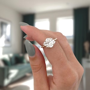 3 Ct Oval Lab Grown Diamond Engagement Ring: 14K Gold Three Stone Ring