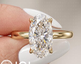 IGI Certified Moval Diamond Ring, 4-Prong Gold Solitaire Engagement Ring, Elongated Oval Diamond, Modern Statement Ring for Her