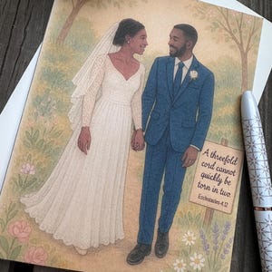 Tarjeta de boda de los Testigos de Jehová: Tarjeta de felicitación impresa, tamaño A2, plegada, con una pareja afroamericana, Eclesiastés 4:12 y un diseño romántico de jardín.