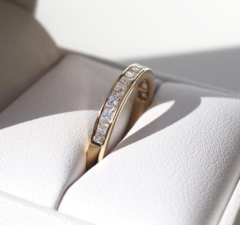 Dainty Princess Cut Moissanite Wedding Band: 14K Yellow Gold Half ...