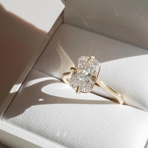 2 CT Elongated Cushion Cut Moissanite Solitaire Ring: 14K Yellow Gold Claw Prongs