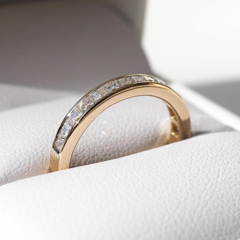 Dainty Princess Cut Moissanite Wedding Band: 14K Yellow Gold Half ...