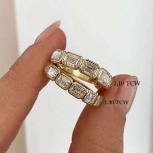 Emerald Cut Moissanite Diamond Wedding Band, East To West Bezel Set Band, Half Eternity Moissanite Band, 14K Yellow Gold Band, Matching Band