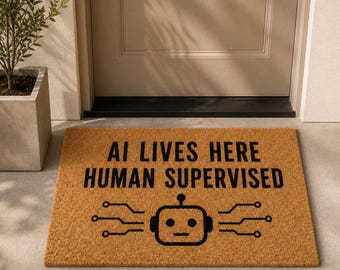 AI Lives Here Human Supervised Doormat, Funny AI Welcome Mat, Tech Lover Gift, Computer Nerd Door Mat, Geeky Front Door Decor