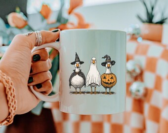 Funny Halloween Goose Mug: Witch, Ghost & Pumpkin Coffee Cup