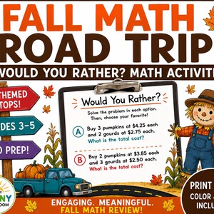 Peut inclure: Une ressource éducative colorée sur le thème de l'automne, intitulée "Fall Math Road Trip". L'image présente un épouvantail, des citrouilles et un camion, avec des problèmes de mathématiques pour les élèves de 3e à 5e année.
