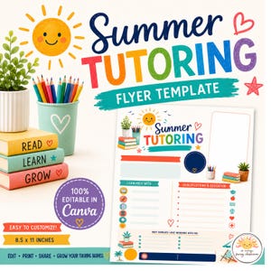 Op de afbeelding: Een kleurrijke flyer sjabloon voor zomertutoring, met de tekst "Summer Tutoring" in levendige kleuren. Het ontwerp bevat een lachende zon, potloden, boeken en de zin "Easy to Customize!". De flyer is 21,59 cm x 27,94 cm groot.