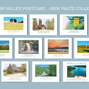 May include: A collection of Hudson Valley postcards featuring scenic views of New Paltz, New York. The postcards showcase landscapes, including a waterfall, a lake, a road, and historic buildings. The text "HUDSON VALLEY POSTCARD - NEW PALTZ COLLECTION" is at the top.