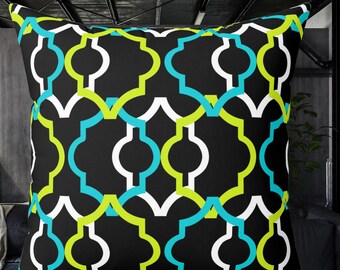 Almohada de poliéster hilado con diseño geométrico enrejado / Almohada decorativa en tonos negro, verde azulado y lima