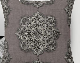 Gray Floral Mandala Pillow | Decorative Taupe Square Pillow