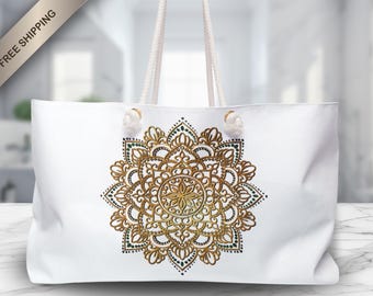 Bolso tote extragrande con diseño de mandala dorado y asas de cuerda resistentes