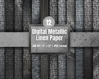 Silver Metallic Woven Texture Digital Paper 12 Pack, Linen Scrapbook Backgrounds