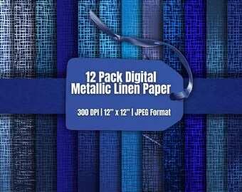 Blue Metallic Woven Texture Digital Paper 12 Pack, Linen Scrapbook Backgrounds