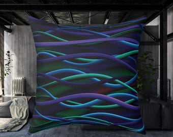Cojín con estampado de ondas abstractas en azul, verde azulado y morado