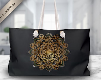 Bolso de fin de semana bohemio con mandala en negro y dorado, bolso de yoga, bolso de viaje, bolso de playa, bolso de gimnasio