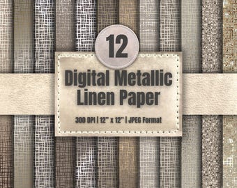 Light Neutral Metallic Woven Texture Digital Paper 12 Pack, Linen Scrapbook Backgrounds