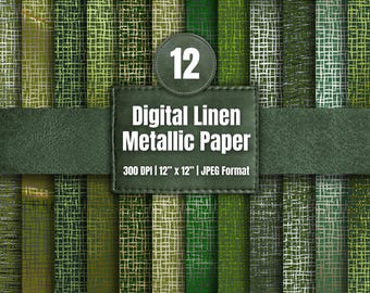Green Metallic Woven Texture Digital Paper, Linen Fabric Scrapbook Backgrounds