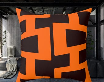 Geometric Interlock Pattern Pillow - Orange Black Square Throw Pillow
