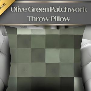 May include: Olive green patchwork throw pillow with a geometric design. The pillow features a square pattern in varying shades of olive green. The pillow is displayed on a white surface. The text "Olive Green Patchwork Throw Pillow" is visible.