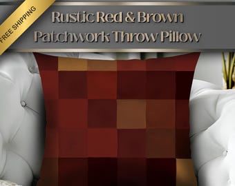 Rustic Patchwork Throw Pillow: Red & Brown Farmhouse Decor