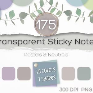 Może przedstawiać: Obraz przezroczystych karteczek samoprzylepnych w pastelowych i neutralnych kolorach. Obraz zawiera tekst "Transparent Sticky Notes" i "Pastels & Neutrals". Dostępnych jest 25 kolorów i 7 kształtów. Obraz zawiera również tekst "300 DPI PNG Files".