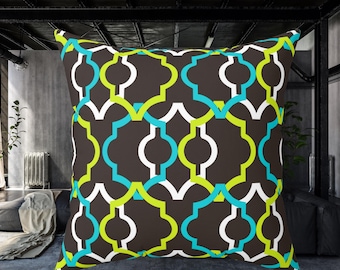 Geometric Trellis Pattern Pillow | Blue Green Moroccan Lattice Pillow