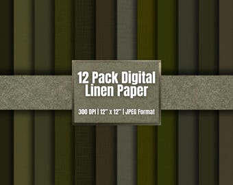 12 Olive Linen Digital Papers, Moss Fabric Textures, Earthy Scrapbook Backgrounds