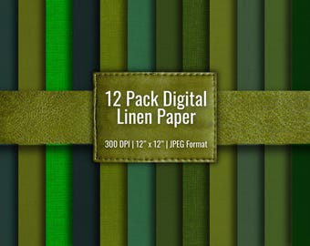 12 Green Linen Digital Papers, Emerald Fabric Textures, Botanical Scrapbook Backgrounds