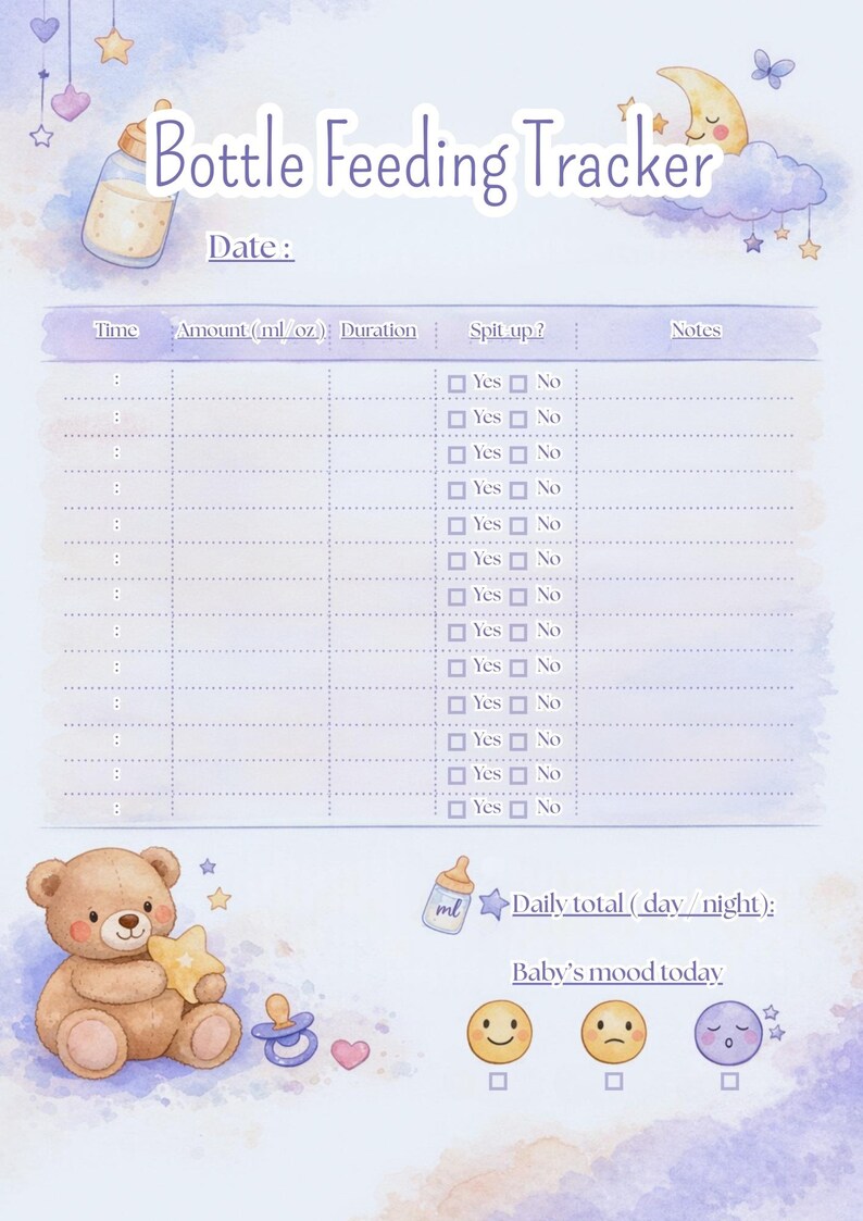 Bottle Feeding Tracker Printable – Baby Feeding Log A4 – Newborn ...