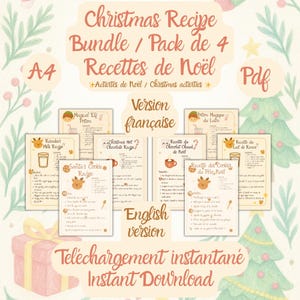 Peut inclure: Un ensemble de fiches de recettes de Noël, comprenant des recettes de biscuits du Père Noël, de lait de renne et de chocolat chaud. L'image présente le texte "Christmas Recipe Bundle" et "Téléchargement instantané", avec un design festif.