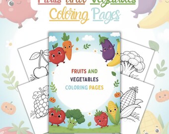 Puede incluir: Páginas para colorear con frutas y verduras. La portada muestra el texto "Fruits and Vegetables Coloring Pages" con ilustraciones de manzana, zanahoria y berenjena.
