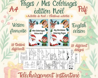 May include: A digital Christmas coloring book with the text "My Christmas Coloring Pages" and "Instant Download". The image features illustrations of Santa Claus, elves, and reindeer, along with 19 different designs.