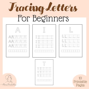 Peut inclure: Feuilles de travail imprimables pour tracer les lettres pour débutants. L'image présente le texte "Tracing Letters For Beginners" et des exemples de traçage des lettres A, I, L et T. Les feuilles de travail sont conçues à des fins éducatives et comprennent des lignes pointillées pour le traçage.