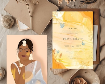 Haldi Ceremony Invitation Template: Yellow Floral Indian Wedding (Digital Download, 5x7in Canva Template)