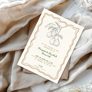 Modello di invito per addio al nubilato "The Perfect Pear" 5x7 su Canva, invito rustico modificabile, biglietto stampabile per festa in giardino, download per matrimonio estivo
