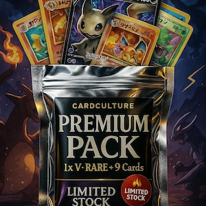 Paquete misterioso premium de Pokémon: ¡1 carta holográfica V o rara + 9 cartas buenas!