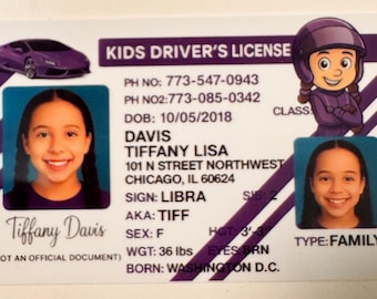 Aangepaste kinderidentiteitskaart: persoonlijk rijbewijs voor fantasiespel en verjaardagscadeaus