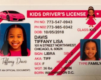 Aangepaste kinderidentiteitskaart: persoonlijk rijbewijs voor fantasiespel en verjaardagscadeaus