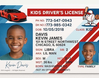 Aangepast kinderrijbewijs: gepersonaliseerde fantasiespel-ID (digitaal bestand)