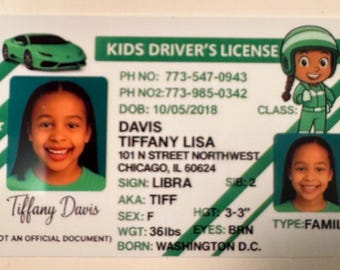 Aangepaste kinderidentiteitskaart: persoonlijk rijbewijs voor fantasiespel en verjaardagscadeaus