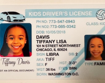 Aangepaste kinderidentiteitskaart: persoonlijk rijbewijs voor fantasiespel en verjaardagscadeaus