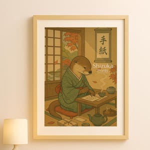 Ilustración japonesa de nutria escribiendo cartas – Lámina decorativa estilo Ghibli | Arte animal antropomórfico japonés