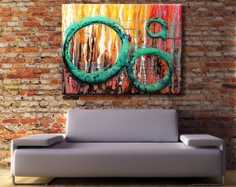 36x48 ORIGINAL Abstract Urban Painting BIG Modern Acrylic Red, Aqua, Grey, Silver Fine Art by Federico Farias