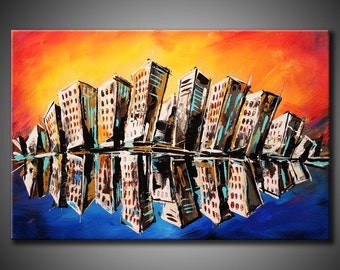 24x36 Original City Skyline Abstract Painting Acrylic Colorful Fine Art by Federico Farias
