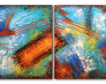 30"x60" ORIGINAL Huge Abstract Painting Textured MODERN (2 30x30 Wood Panels) Colorful Fine Art by Maria Farias
