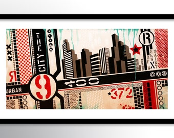 11x17 PRINT Abstract Painting on Glossy Cover Stock, Wall Art, Red Black White Urban City Buildings by Federico Farias