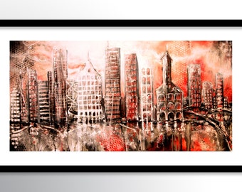 11x17 PRINT Abstract Painting on Glossy Cover Stock, Wall Art, Red Black White Urban City Buildings by Federico Farias